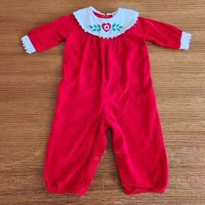 🟣Vintage, 80s/90s Lisa Jackson Infant Holiday One Piece in Red Embroider